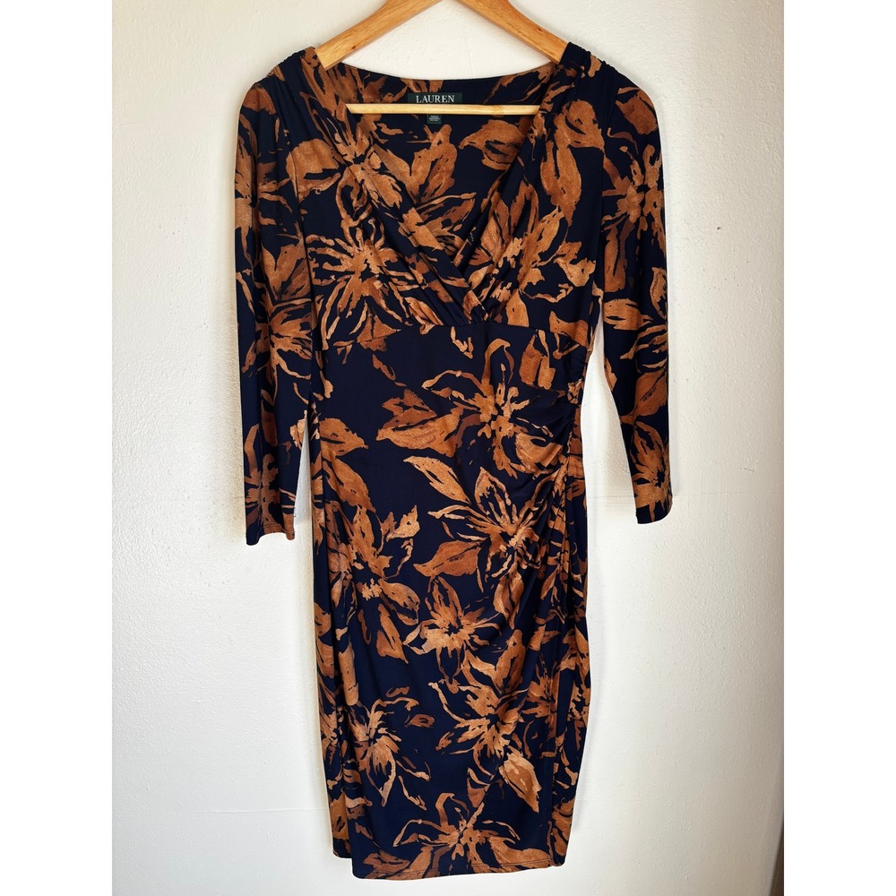 Lauren Ralph Lauren Navy Copper‎ Floral Ruched Surplice Sheath Dress Size 4